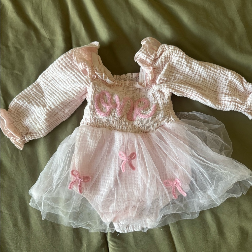First birthday pink gauze and tulle romper with bows (12-18 months)
